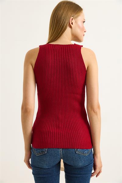 Kare Yaka Kalın Askılı Triko Atlet Bluz Bordo