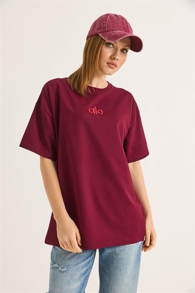 Alo Nakışlı Oversize Unisex Tshirt Bordo