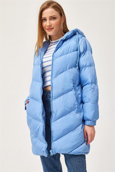 Kapüşonlu Oversize Şişme Mont Mavi