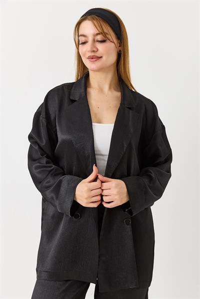 Kadın  Kruvaze Yaka Saten Oversize Blazer Ceket Siyah