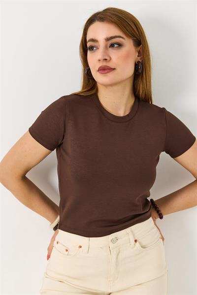 Kadın Bisiklet Yaka Düz Crop Bluz Kahverengi