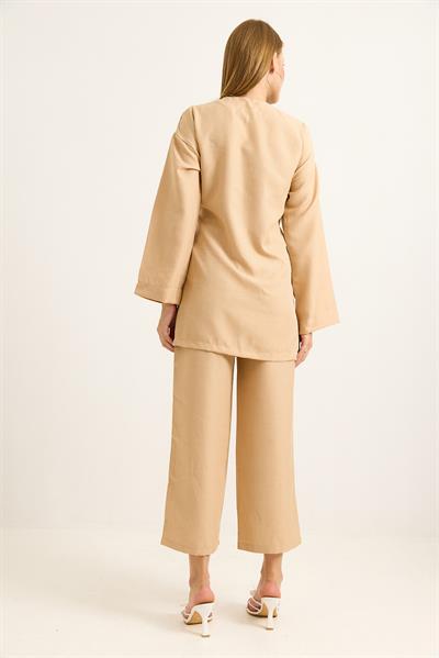 Yandan Bağlamalı Kimono Pantolon İkili Takım Vizon