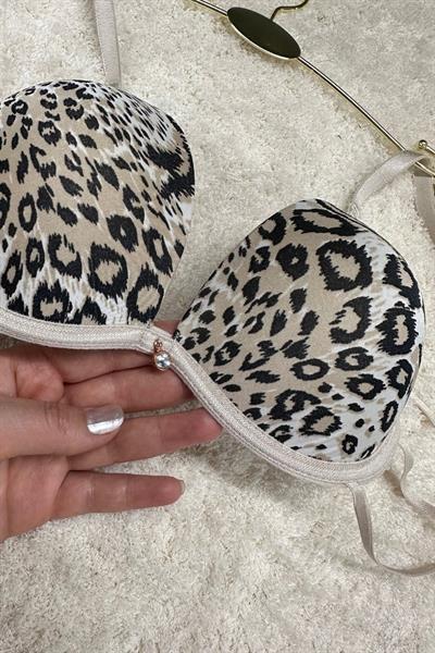 Kadın Destekli Push-up Taşlı Biyeli Micro Sütyen Leopar