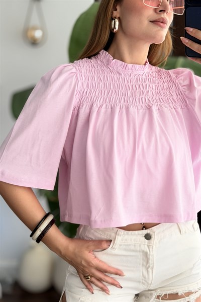 Kadın Bisiklet Yaka Göğsü Gipeli Kısa Kol Crop Bluz Pembe