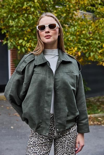 Kadın Kadife Kumaş Oversize Salaş Mont Yeşil
