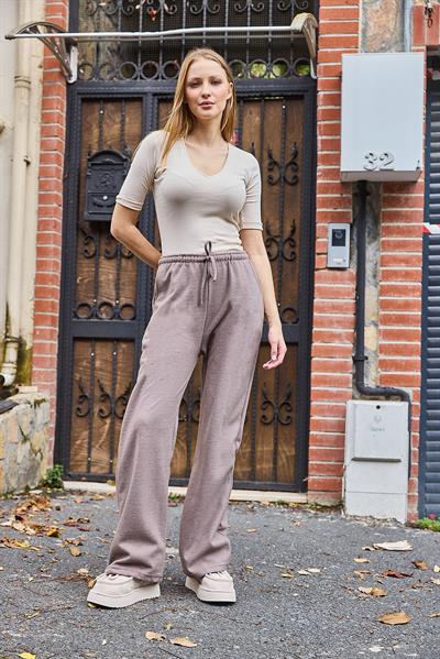 Kadın Selanik Yüksel Bel Esnek ve Dökümlü Triko Pantalon Vizon