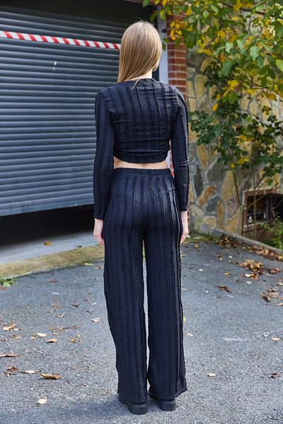 Kadın Cozy Triko Saçaklı Crop Büzgü Detaylı Siyah