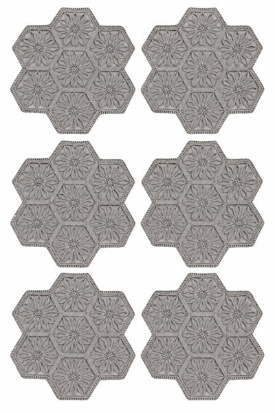 6lı Geometrik Desenli Çiçek Motifli Runner Gri