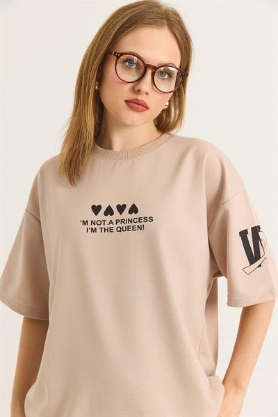 Bisiklet Yaka Baskılı Oversize Tshirt  Bej