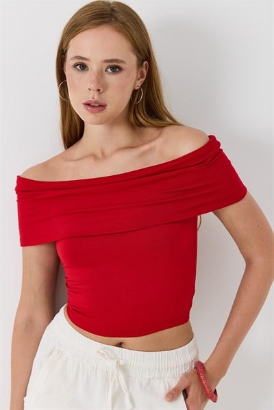 Kadın Madonna Yaka Penye Crop Bluz Kırmızı