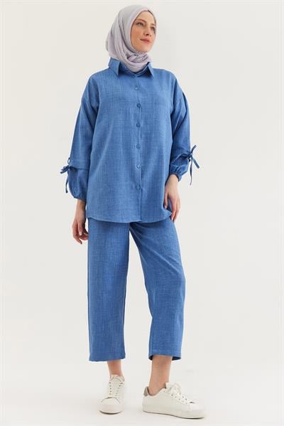 Kol Büzgülü Gömlek Pantolon İkili Takım Mavi