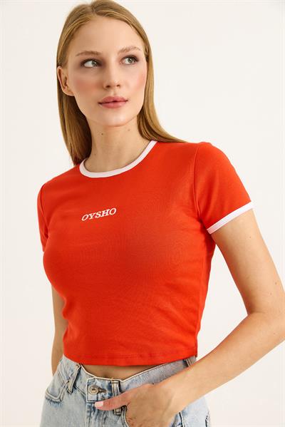 Bisiklet Yaka Nakışlı Crop Tshirt Kırmızı