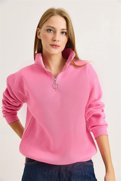 Kadın Yaka Fermuarlı 2 İplik Sweatshirt Pembe