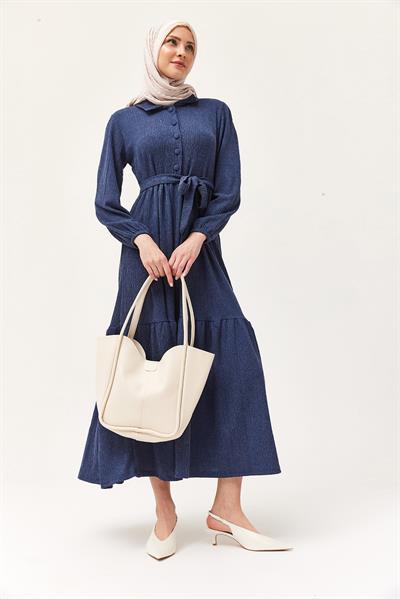 Yarım Düğmeli Beli Kuşaklı Elbise Lacivert