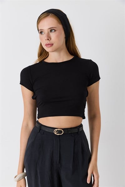 Kadın Bisiklet Yaka Sırt Dekolteli Crop Bluz Siyah
