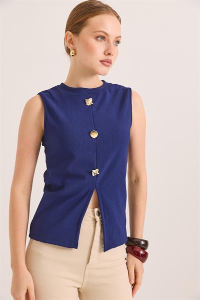 Bisiklet Yaka Gold Düğmeli Ottoman Fitilli Bluz Saks