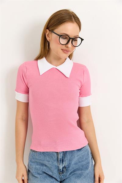 Gömlek Yaka Kaşkorse Bluz  Pembe 