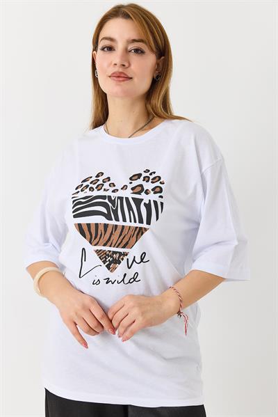 Kadın Kalp Baskılı Bisiklet Yaka Tshirt Beyaz