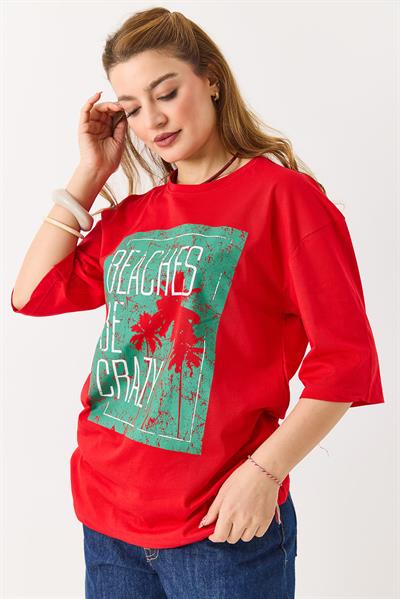 Kadın Baskılı Bisiklet Yaka Kısa Kol Tshirt Kırmızı