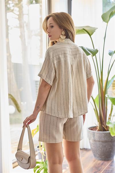 Keten Şort Gömlek İkili Takım Bej