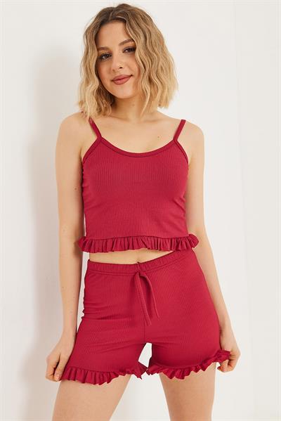 Askılı Fırfırlı Şortlu Takım Bordo