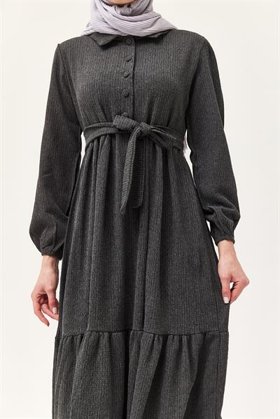 Yarım Düğmeli Beli Kuşaklı Elbise Füme