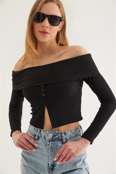 Kayık Yaka Yırtmaçlı Bluz Siyah