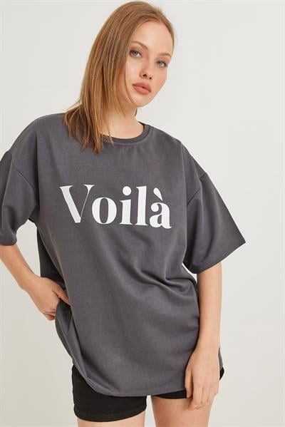 Voila Baskılı Oversize İki İplik Tshirt Füme