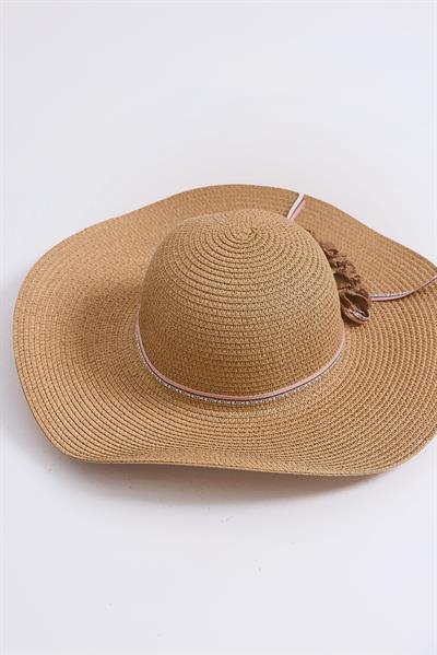 Aksesuarlı Hasır Kadın Plaj Havuz Bahçe Şapkası Vizon