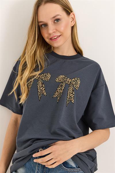 Kurdele Baskı Detaylı Basic Tshirt Füme