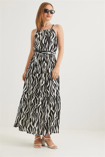 Zebra Halter Yaka Kuşaklı Elbise Siyah