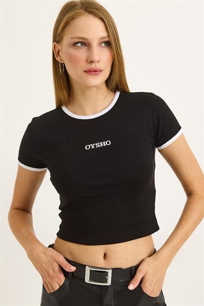 Bisiklet Yaka Nakışlı Crop Tshirt Siyah