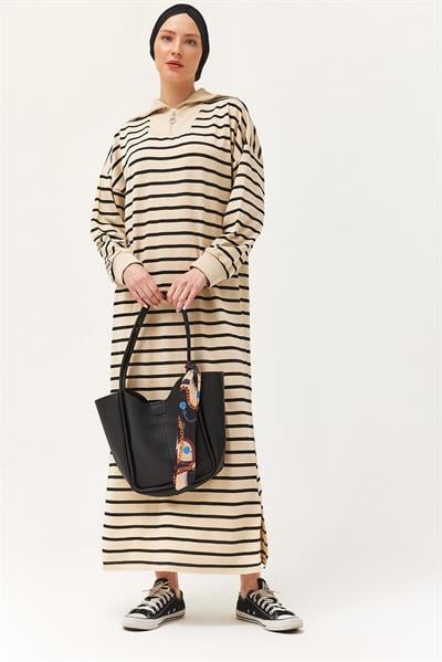 Yarım Fermuar Çizgili Uzun Elbise Siyah