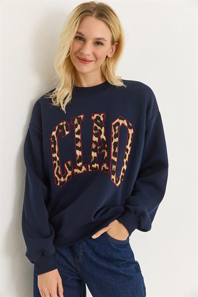 Kadın Üç İplik Leopar Baskılı Sweatshirt Lacivert