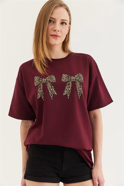 Kurdele Baskı Detaylı Basic Tshirt Bordo