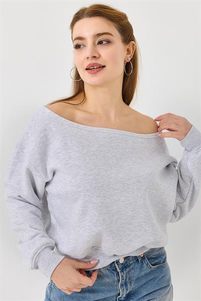 Kadın Gri Kayık Yaka Üç İplik Şardonlu Sweat