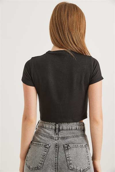 Bisiklet Yaka Esnek Crop Bluz Siyah