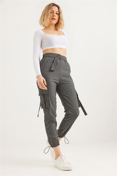  Yanları Cepli  Paça Lastikli Keten Pantolon Füme