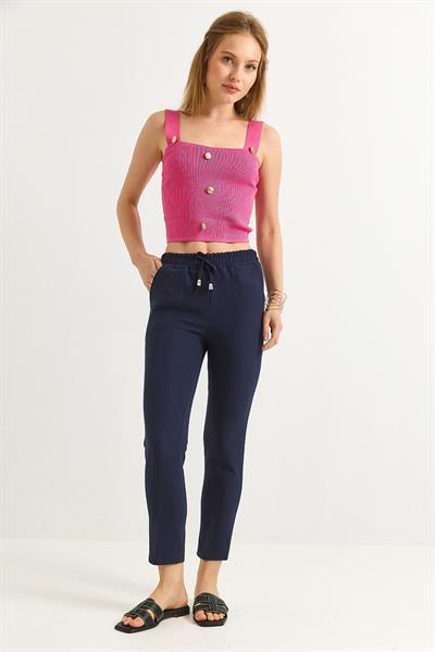 Beli Lastikli Kısa Paça Double Krep Pantolon Koyu Lacivert