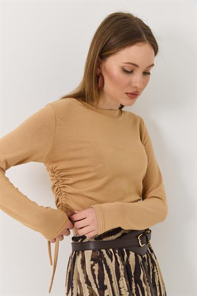 Yanları Büzgülü Uzun Kollu Vizon Bluz 