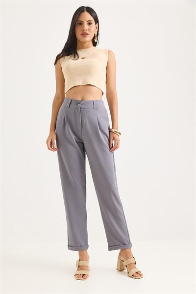 Beli Lastikli Katlı Paça Kadın Pantolon Gri