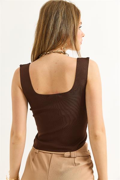  Kare Yaka Crop Triko Bluz Kahve