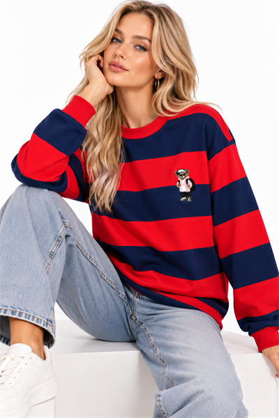 Kadın Uzun Kollu Çizgili Ayıcık Desenli Sweatshirt Kırmızı