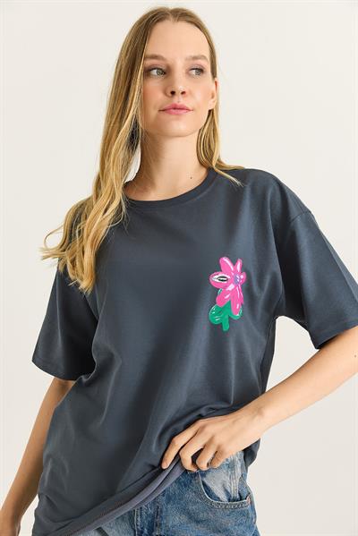 Baskılı Bisiklet Yaka Basic Tshirt Füme