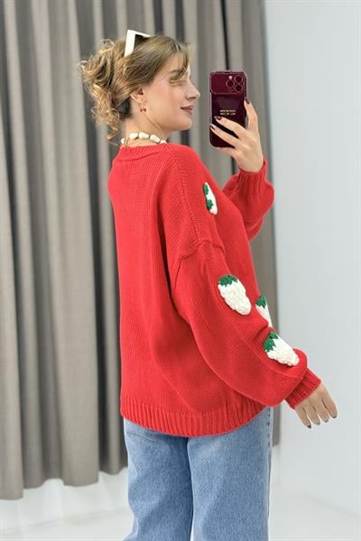 Çilek Motifli Oversize Triko Hırka Kırmızı
