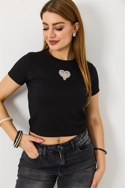 Kadın Taşlı Kalp Detaylı Crop  Bluz  Siyah