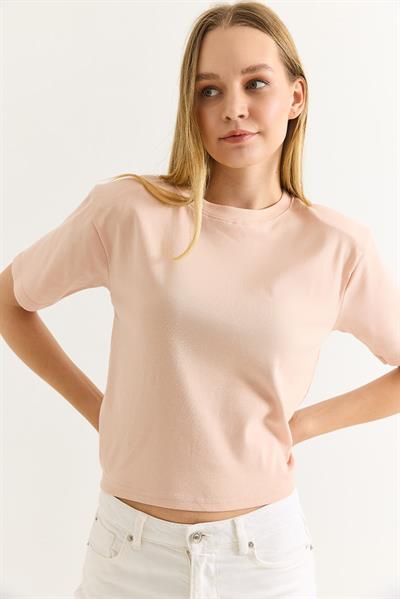 Vatkalı Bisiklet Yaka Basic Tshirt Pudra