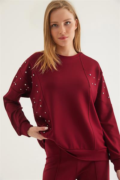 Taş Detaylı Modal Sweatshirt Bordo