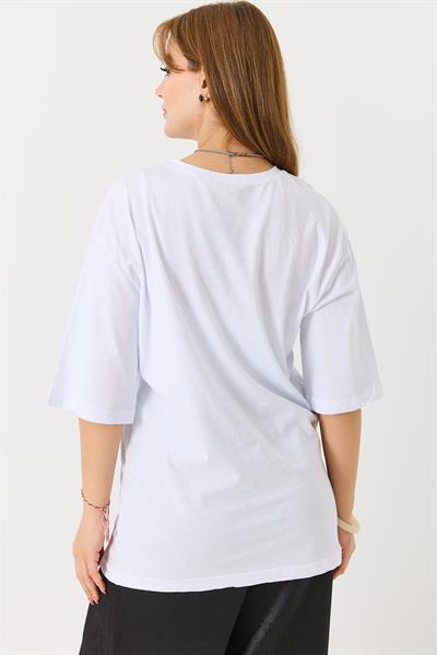 Kadın Kalp Baskılı Bisiklet Yaka Tshirt Beyaz