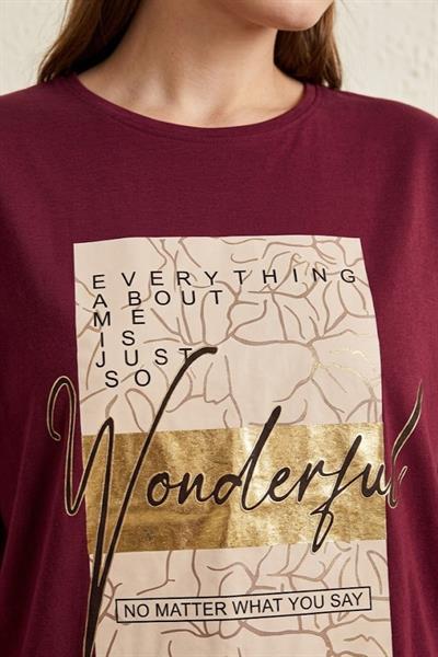 Kadın Bisiklet Yaka Baskılı Tshirt Bordo